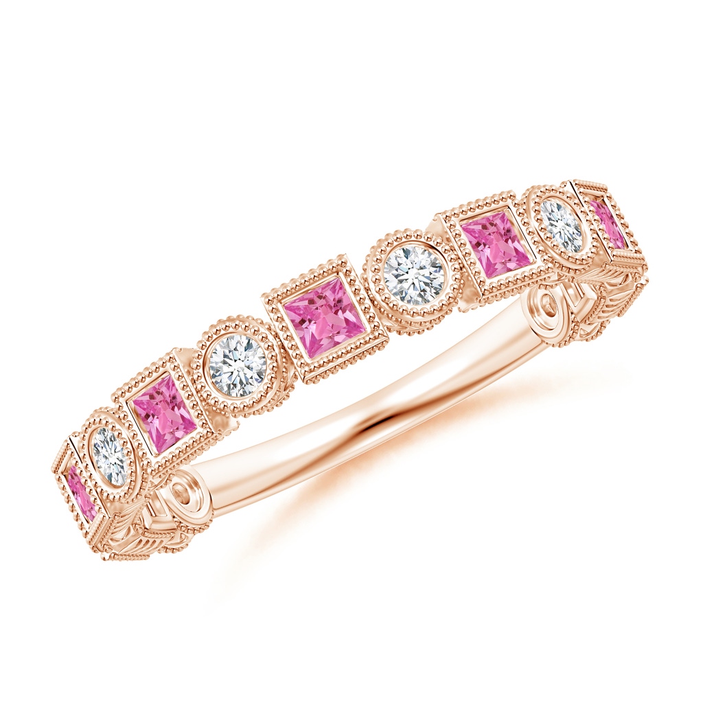 2mm AAAA Bezel-Set Square Pink Sapphire and Round Diamond Band in Rose Gold
