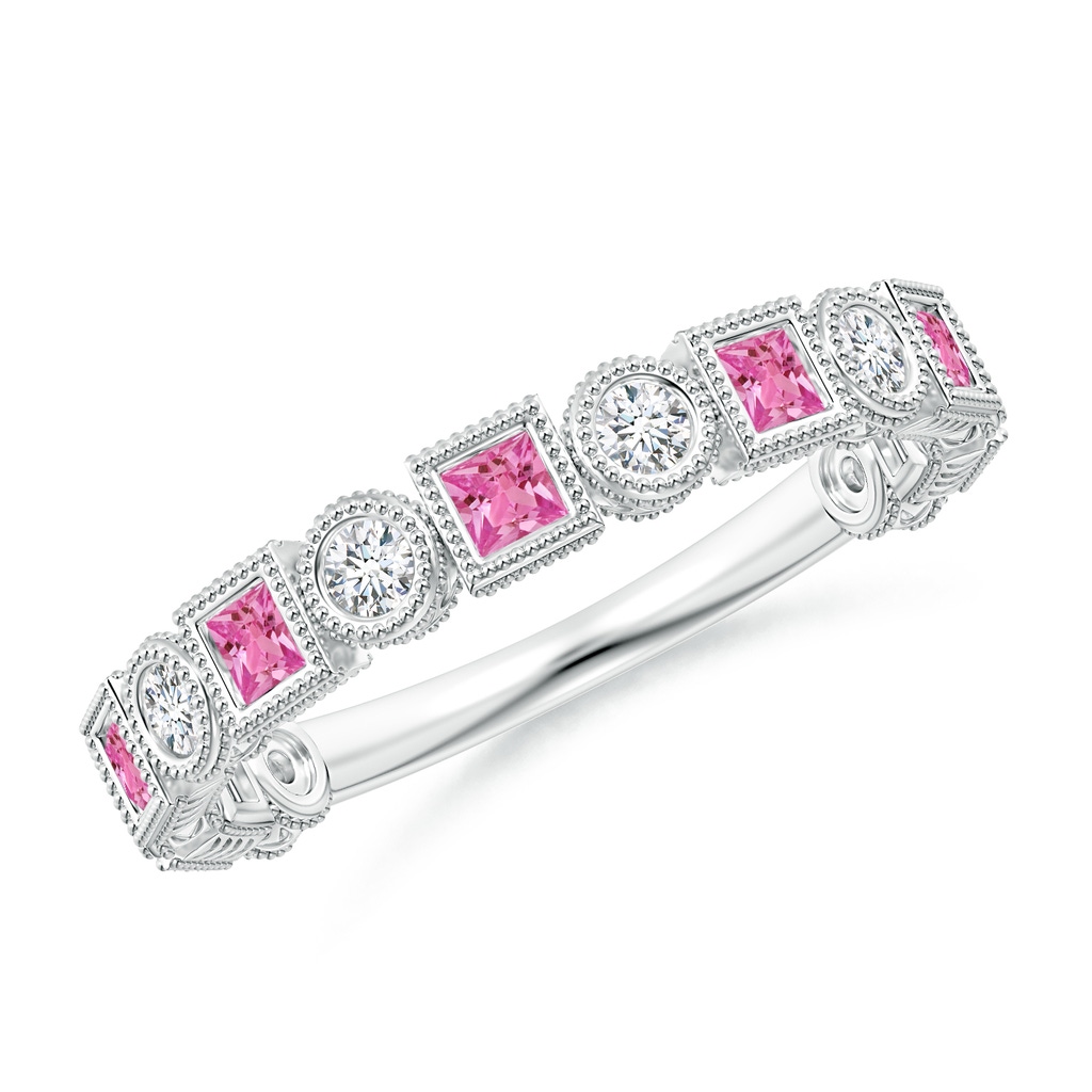 2mm AAAA Bezel-Set Square Pink Sapphire and Round Diamond Band in White Gold