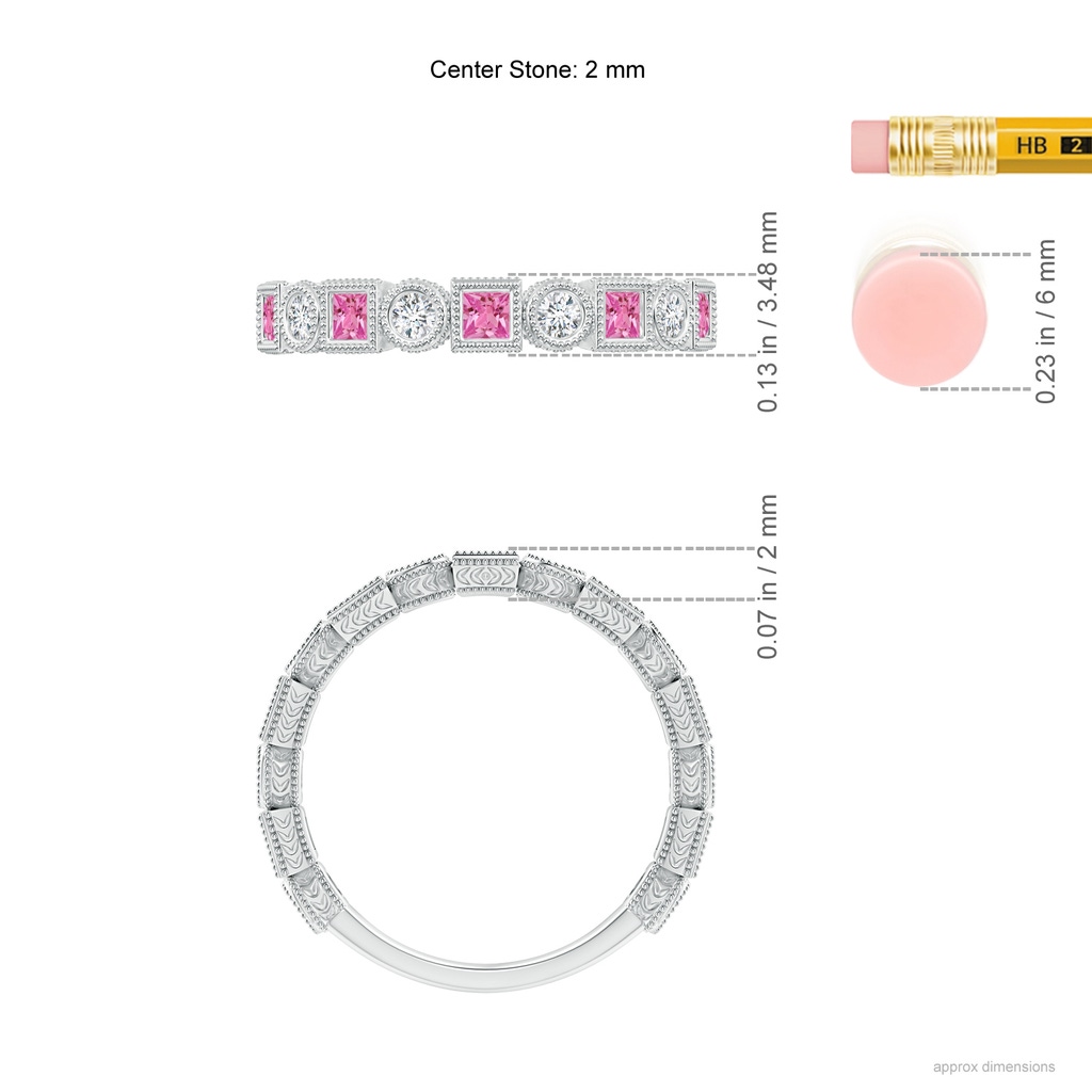 2mm AAAA Bezel-Set Square Pink Sapphire and Round Diamond Band in White Gold Ruler
