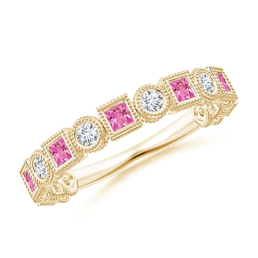 2mm AAAA Bezel-Set Square Pink Sapphire and Round Diamond Band in Yellow Gold