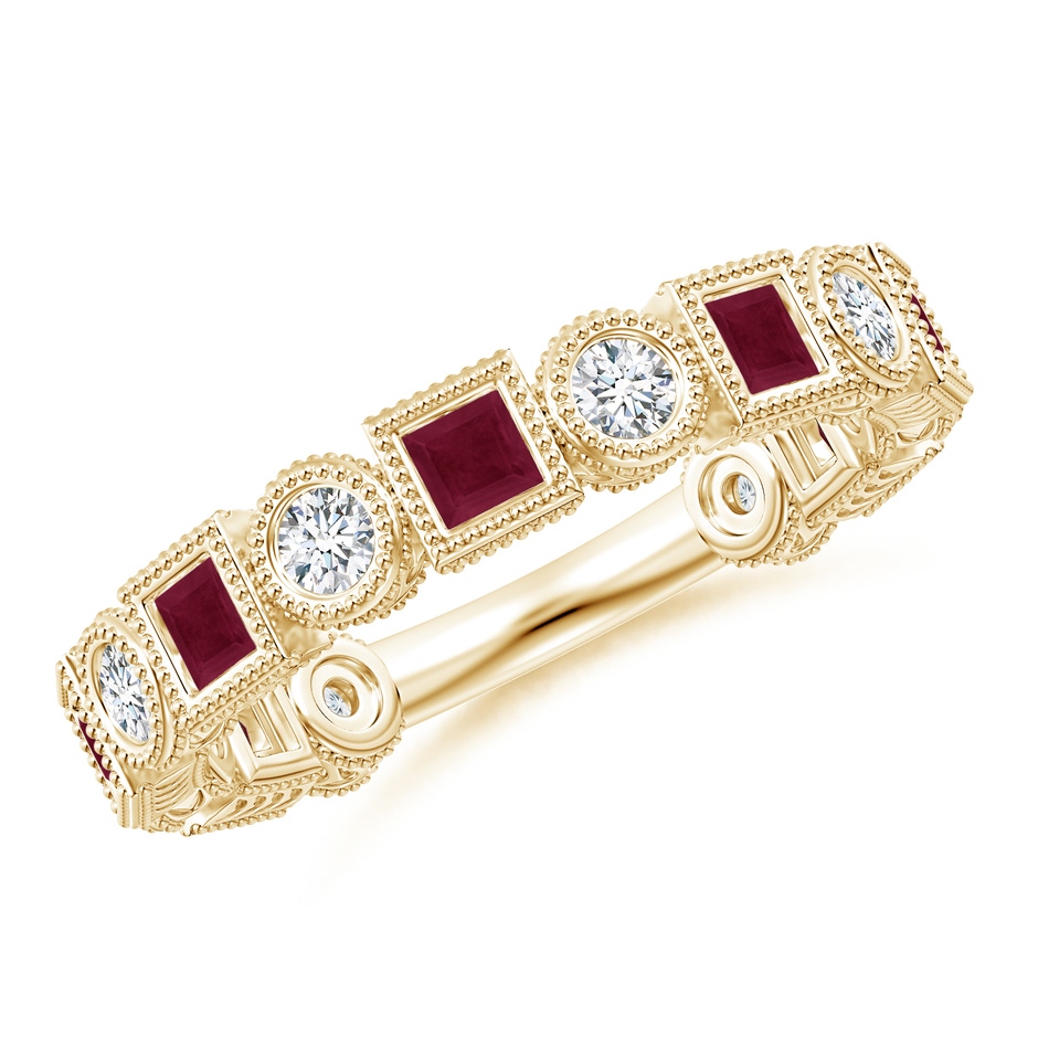 2.5mm A Bezel-Set Square Ruby and Round Diamond Band in Yellow Gold 