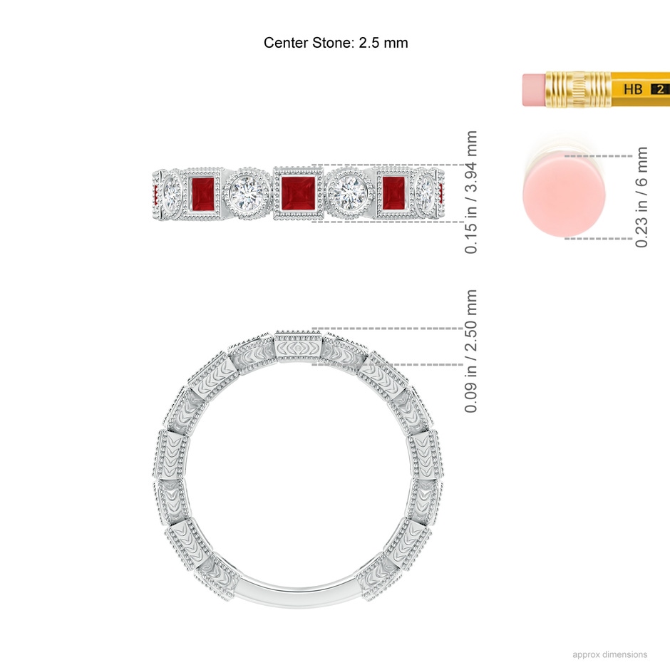 2.5mm AA Bezel-Set Square Ruby and Round Diamond Band in White Gold ruler