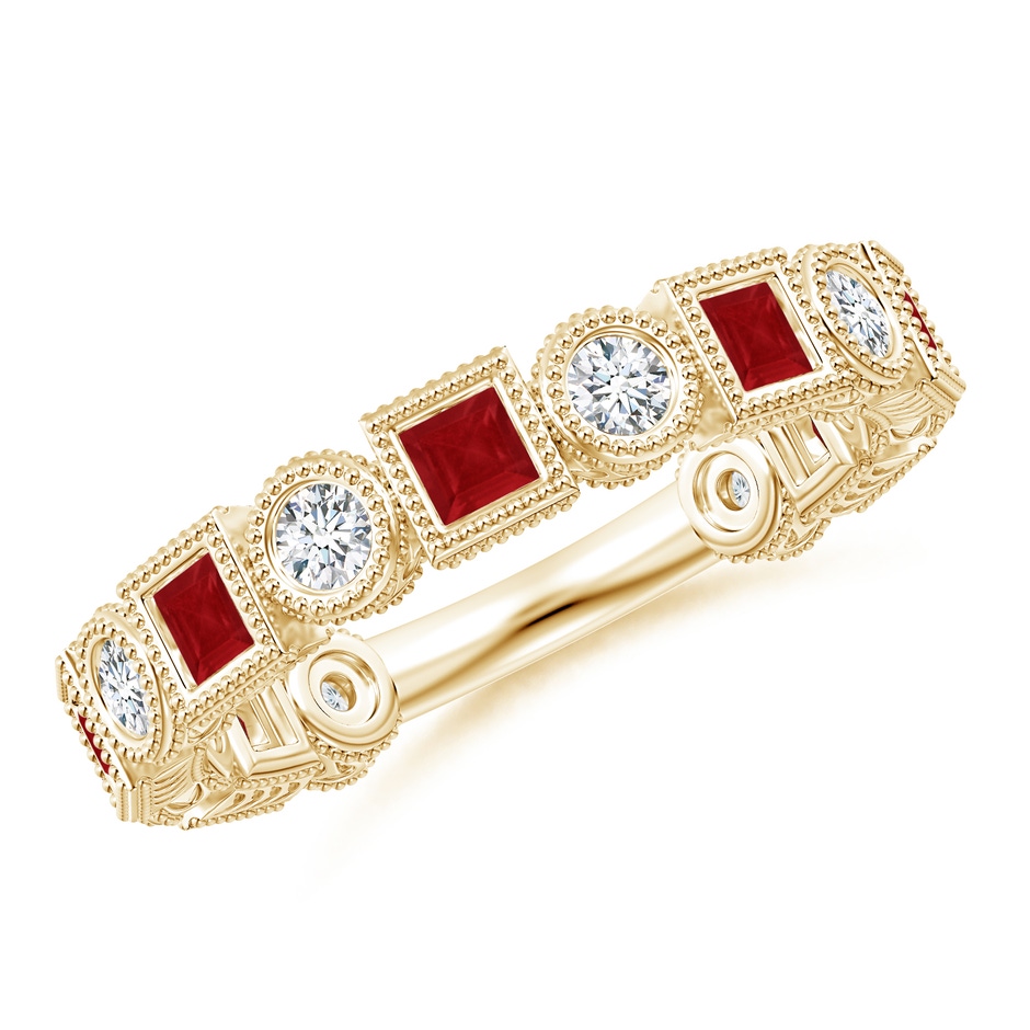 2.5mm AA Bezel-Set Square Ruby and Round Diamond Band in Yellow Gold 