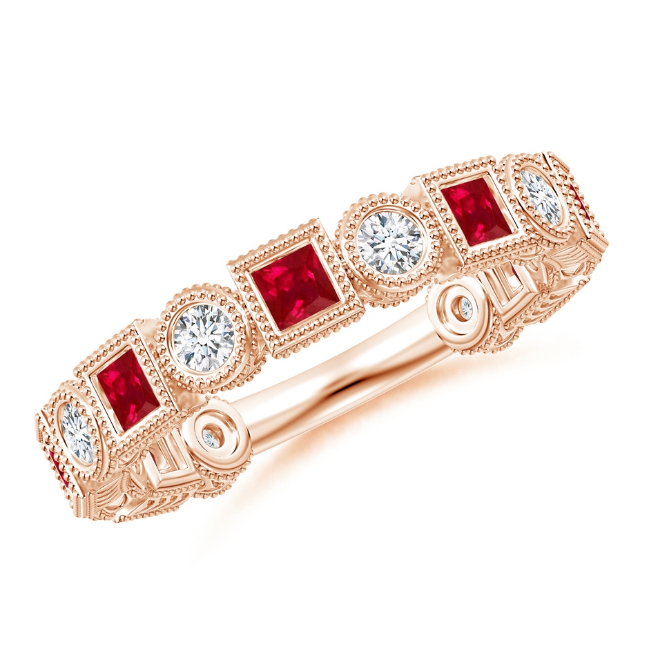 2.5mm AAA Bezel-Set Square Ruby and Round Diamond Band in Rose Gold 