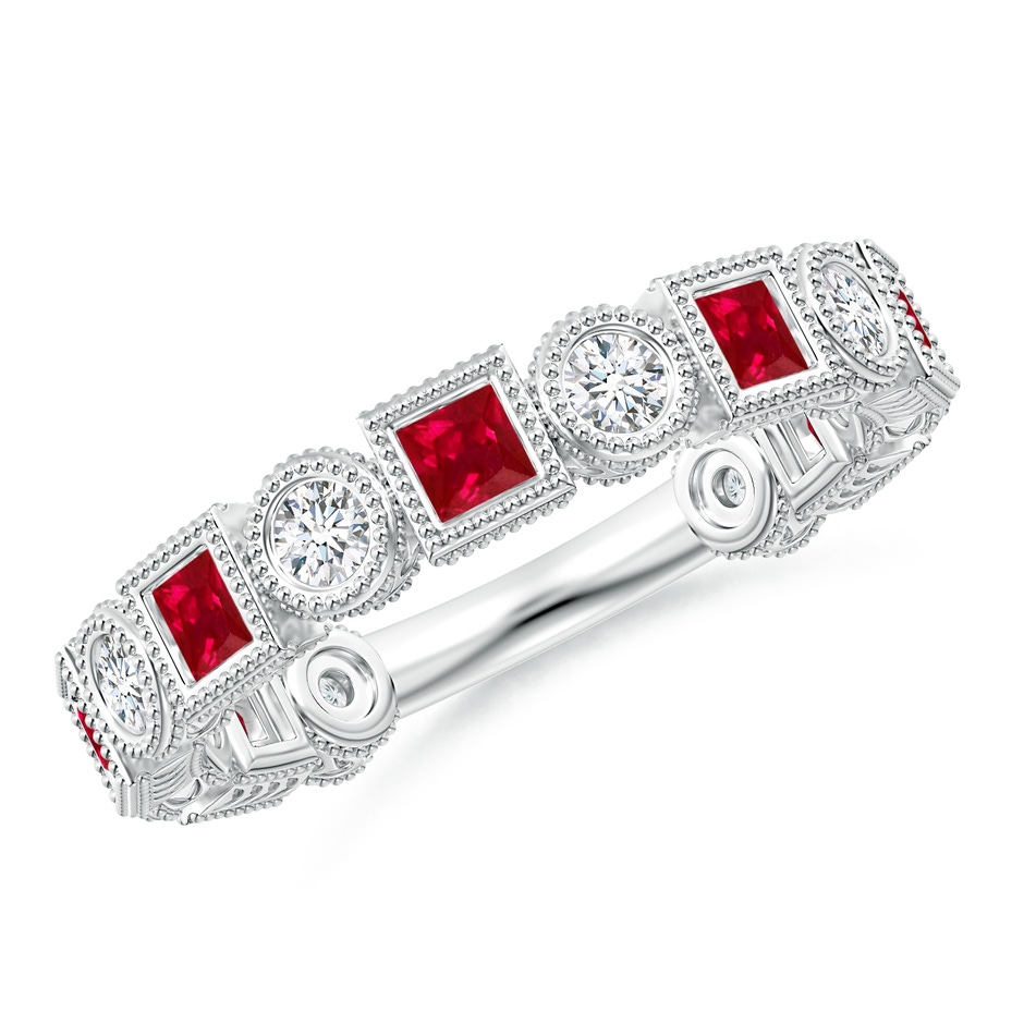 2.5mm AAA Bezel-Set Square Ruby and Round Diamond Band in White Gold 
