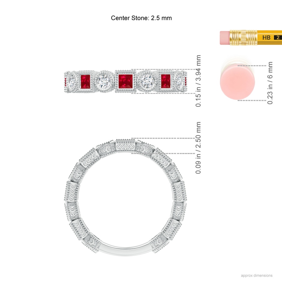 2.5mm AAA Bezel-Set Square Ruby and Round Diamond Band in White Gold ruler