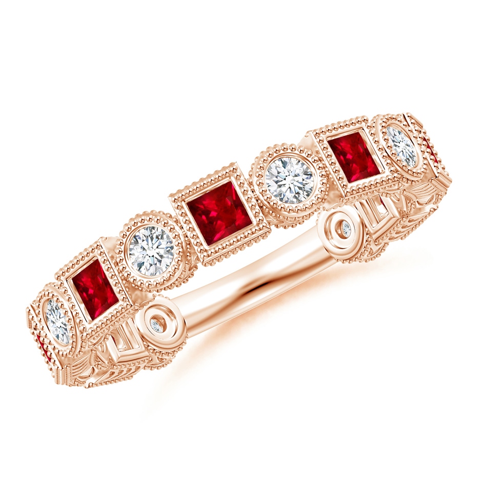 2.5mm AAAA Bezel-Set Square Ruby and Round Diamond Band in Rose Gold 