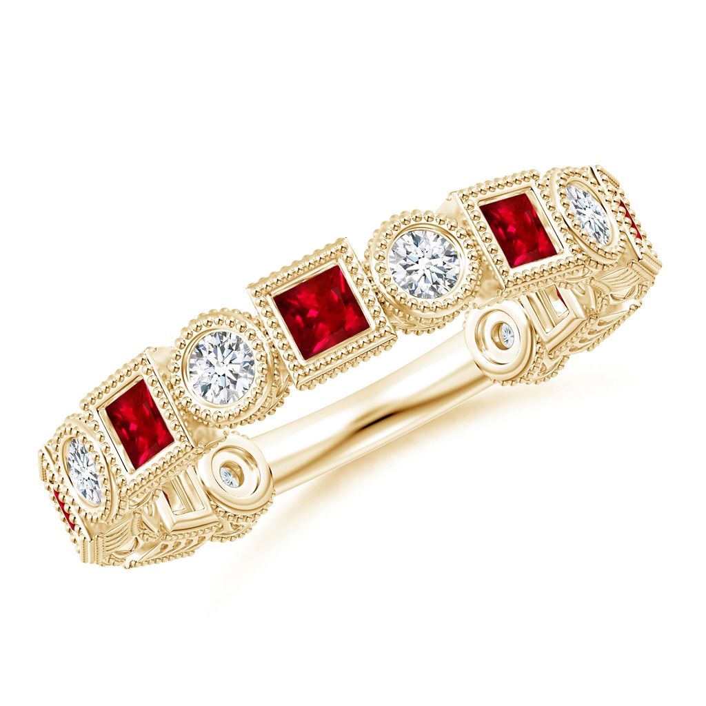 2.5mm AAAA Bezel-Set Square Ruby and Round Diamond Band in Yellow Gold