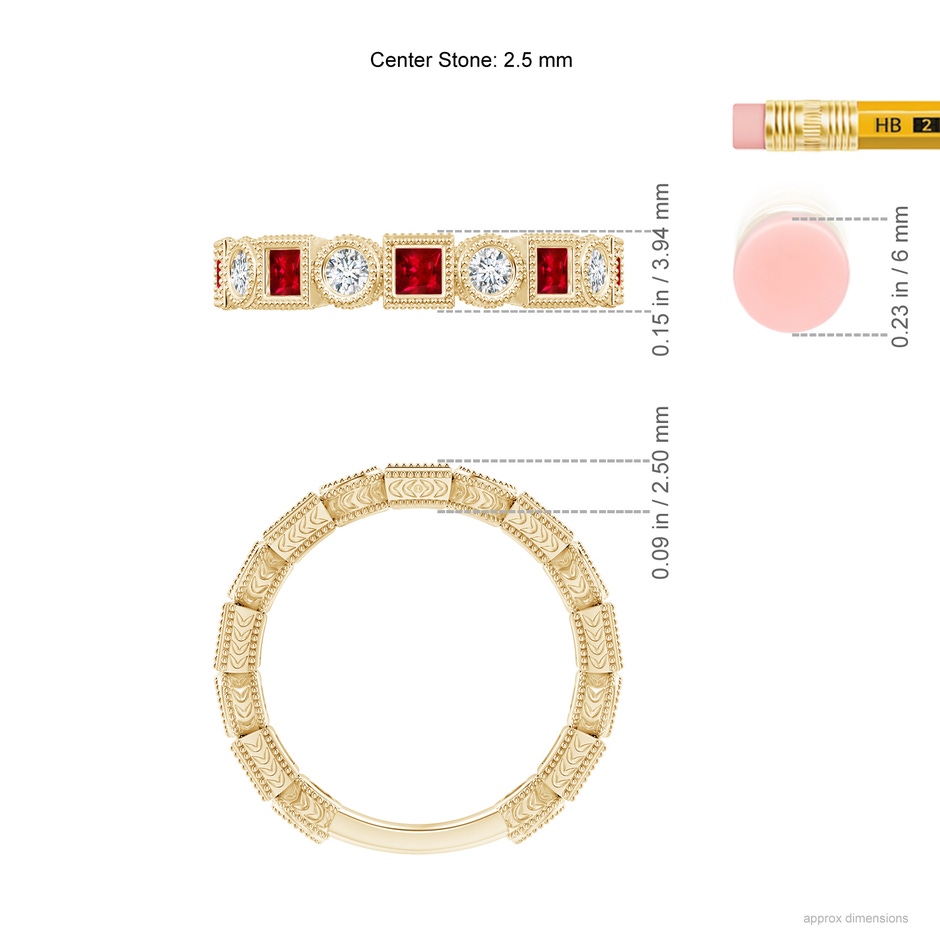 2.5mm AAAA Bezel-Set Square Ruby and Round Diamond Band in Yellow Gold ruler