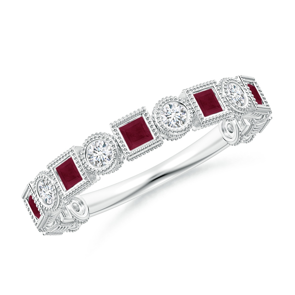 2mm A Bezel-Set Square Ruby and Round Diamond Band in White Gold 