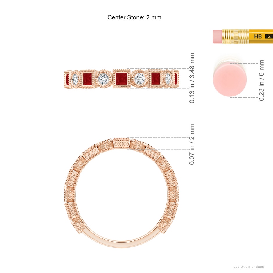 2mm AA Bezel-Set Square Ruby and Round Diamond Band in Rose Gold ruler