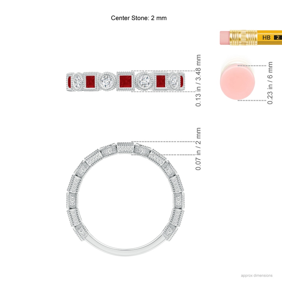 2mm AA Bezel-Set Square Ruby and Round Diamond Band in White Gold ruler