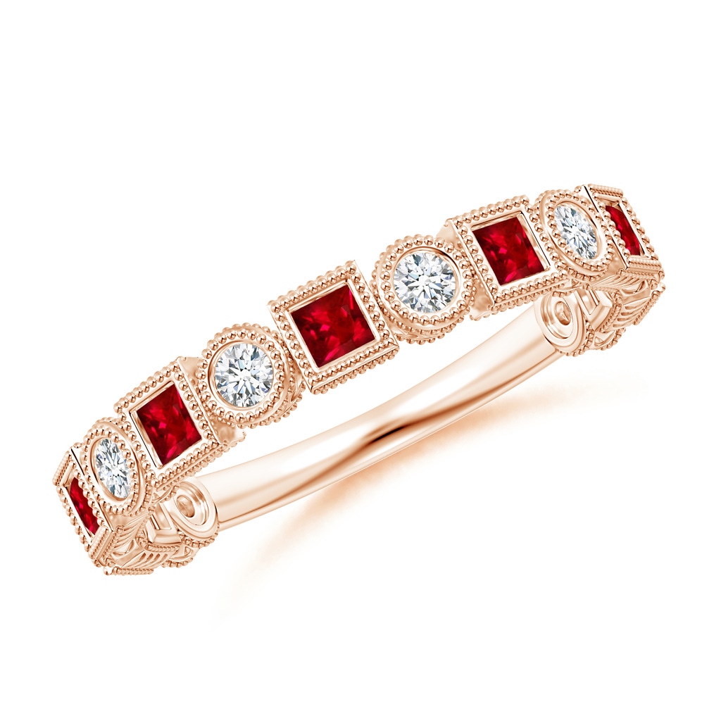 2mm AAAA Bezel-Set Square Ruby and Round Diamond Band in Rose Gold