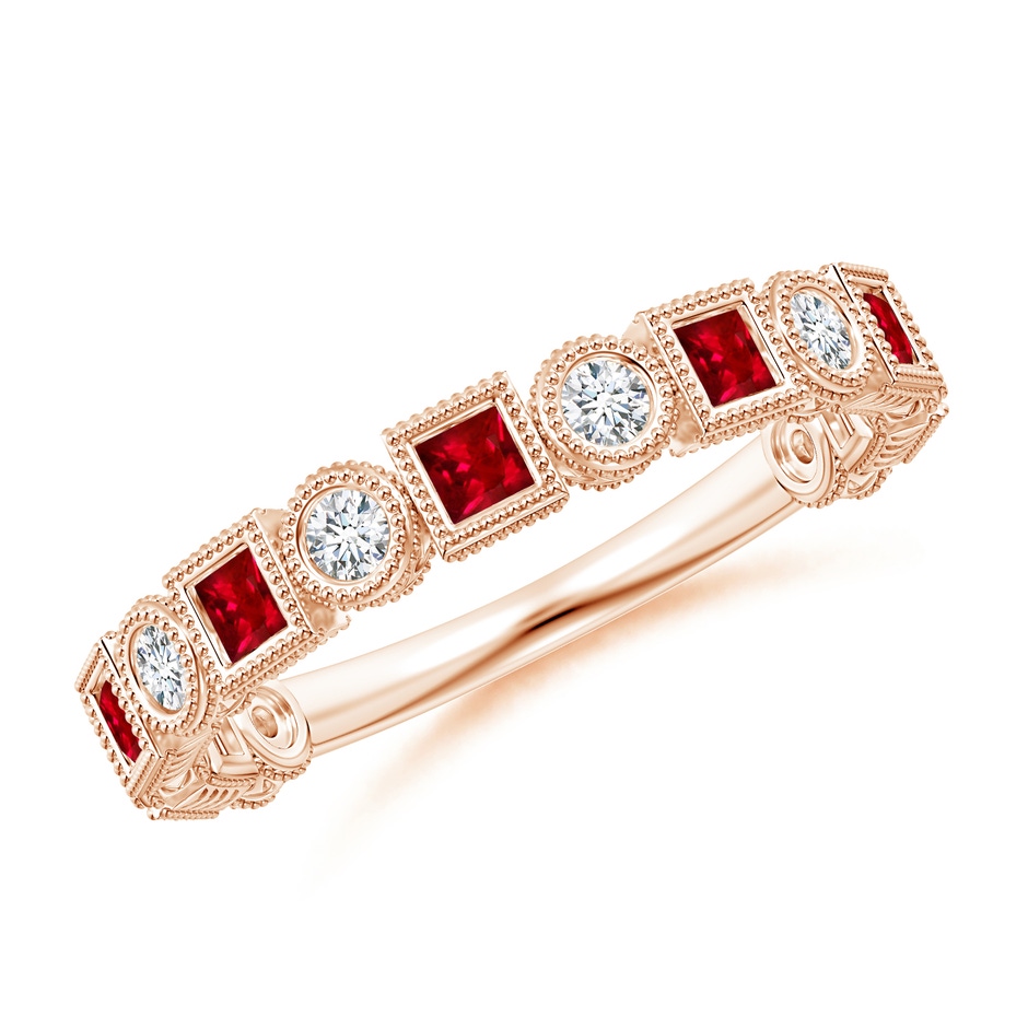 2mm AAAA Bezel-Set Square Ruby and Round Diamond Band in Rose Gold 