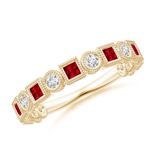 2mm AAAA Bezel-Set Square Ruby and Round Diamond Band in Yellow Gold