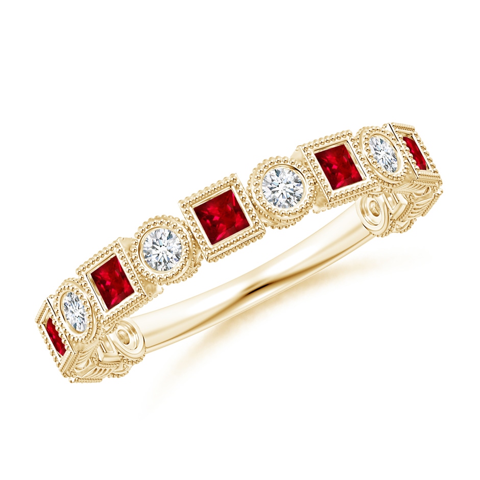2mm AAAA Bezel-Set Square Ruby and Round Diamond Band in Yellow Gold 