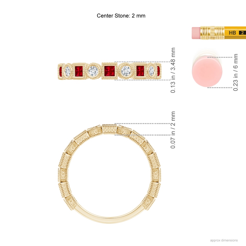2mm AAAA Bezel-Set Square Ruby and Round Diamond Band in Yellow Gold ruler