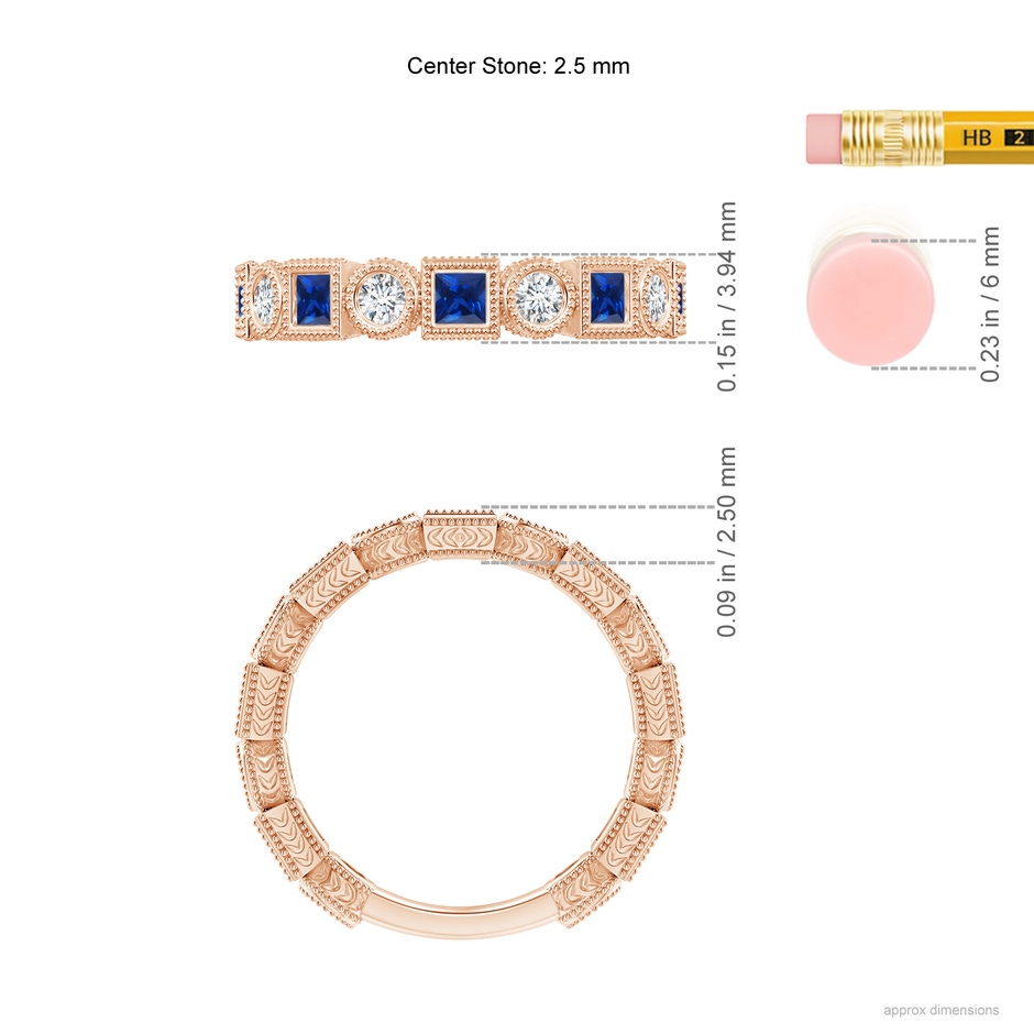 2.5mm AAAA Bezel-Set Square Sapphire and Round Diamond Band in Rose Gold ruler