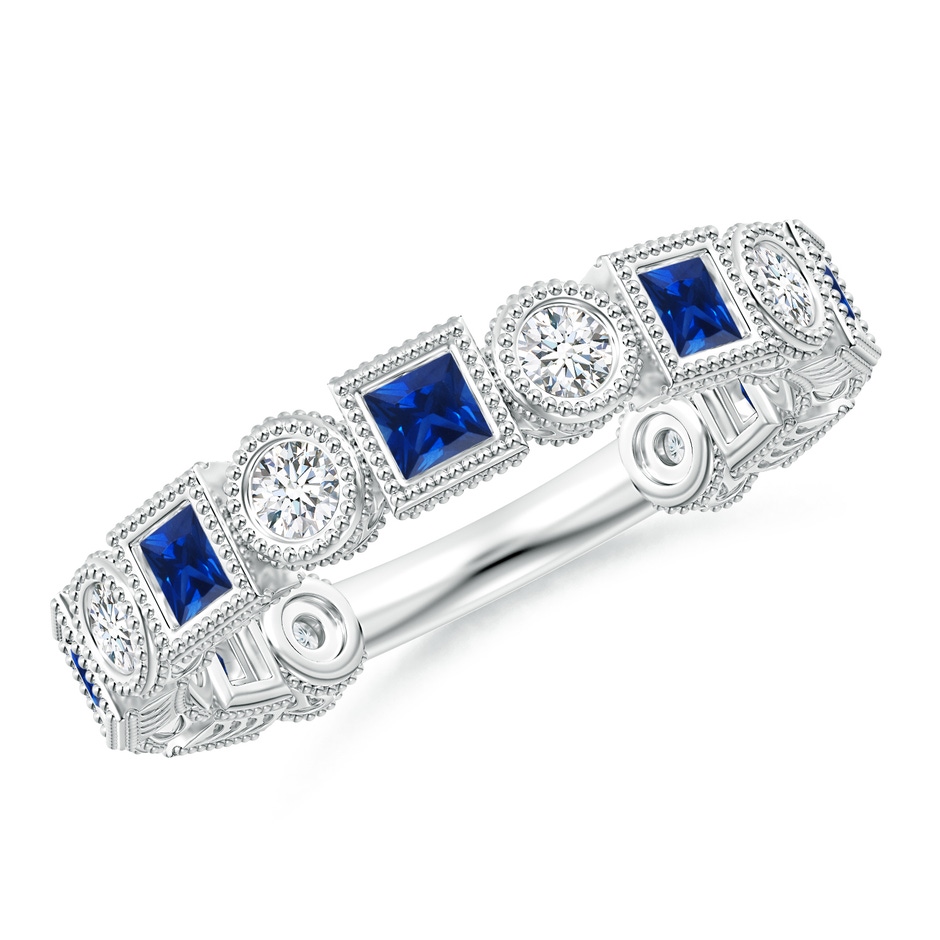 2.5mm AAAA Bezel-Set Square Sapphire and Round Diamond Band in White Gold 