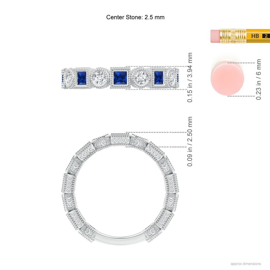 2.5mm AAAA Bezel-Set Square Sapphire and Round Diamond Band in White Gold ruler