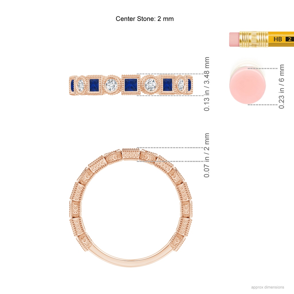 2mm AAA Bezel-Set Square Sapphire and Round Diamond Band in Rose Gold Ruler