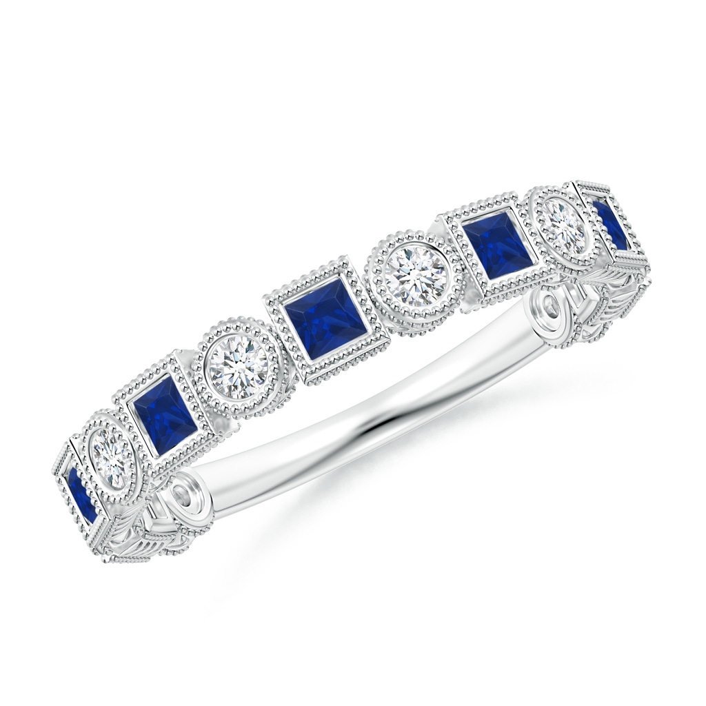 2mm AAA Bezel-Set Square Sapphire and Round Diamond Band in White Gold
