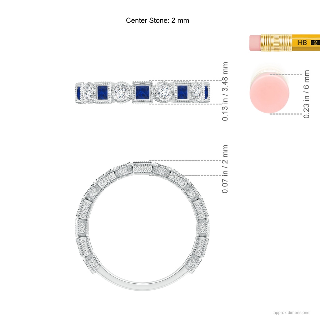 2mm AAA Bezel-Set Square Sapphire and Round Diamond Band in White Gold Ruler