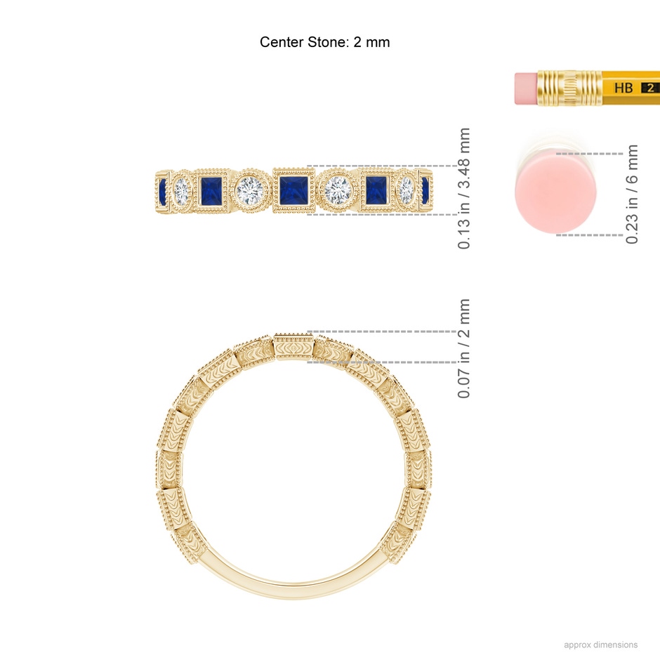 2mm AAA Bezel-Set Square Sapphire and Round Diamond Band in Yellow Gold ruler