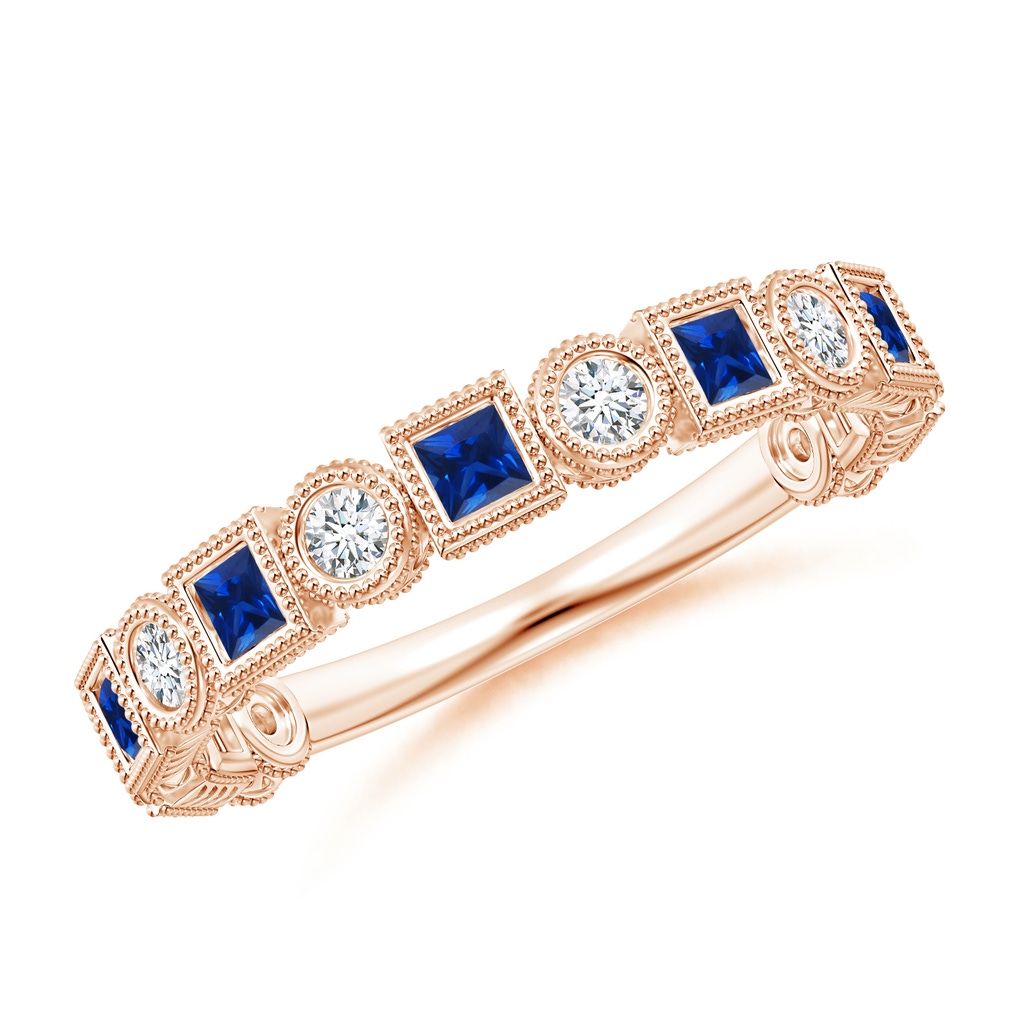 2mm AAAA Bezel-Set Square Sapphire and Round Diamond Band in Rose Gold