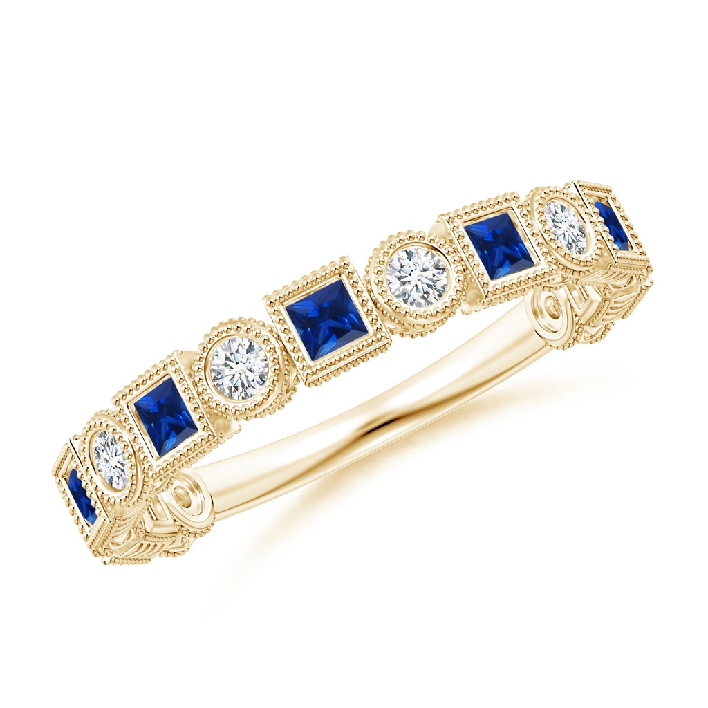 2mm AAAA Bezel-Set Square Sapphire and Round Diamond Band in Yellow Gold