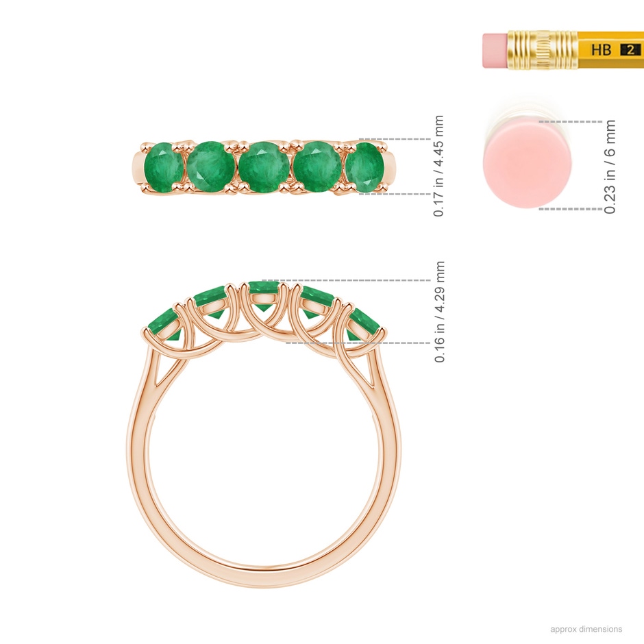 3.8mm A Half Eternity Five Stone Emerald Wedding Band in Rose Gold ruler