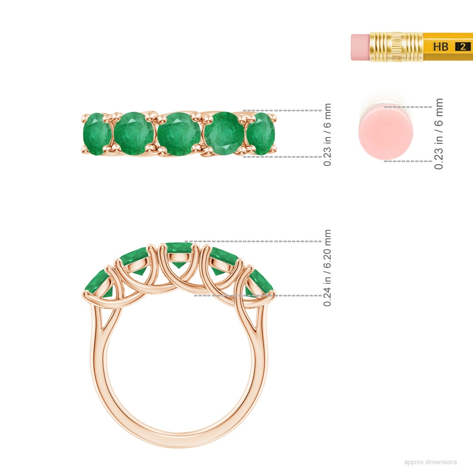 5mm A Half Eternity Five Stone Emerald Wedding Band in Rose Gold ruler