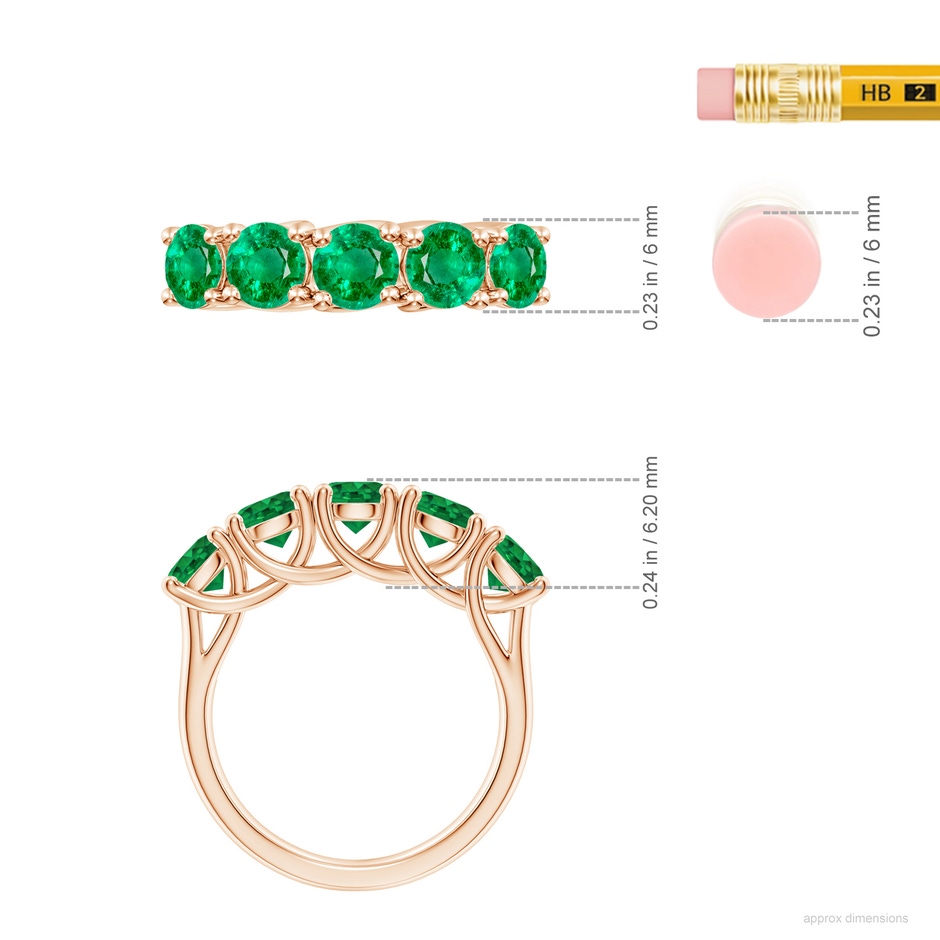 5mm AAA Half Eternity Five Stone Emerald Wedding Band in Rose Gold ruler