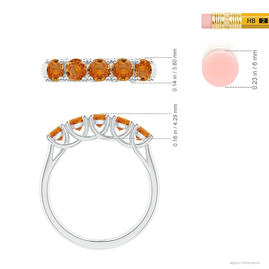 3.8mm AAA Half Eternity Five Stone Orange Sapphire Wedding Band in White Gold Ruler