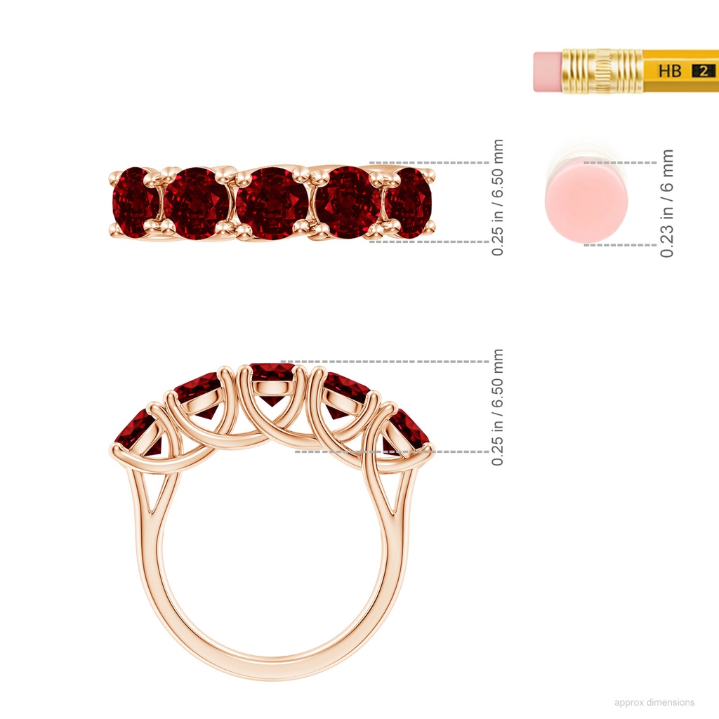 5.5mm AAAA Half Eternity Five Stone Ruby Wedding Band in Rose Gold ruler