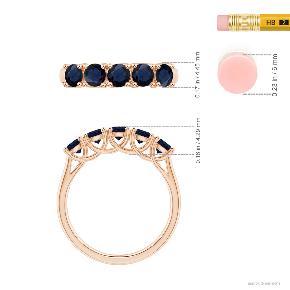 3.8mm A Half Eternity Five Stone Blue Sapphire Wedding Band in Rose Gold ruler