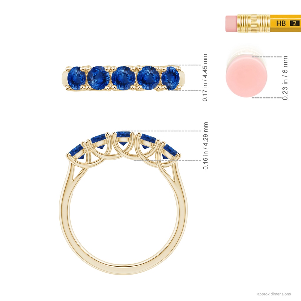 3.8mm AAA Half Eternity Five Stone Blue Sapphire Wedding Band in Yellow Gold ruler