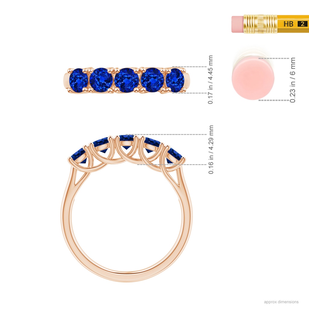3.8mm AAAA Half Eternity Five Stone Blue Sapphire Wedding Band in Rose Gold ruler