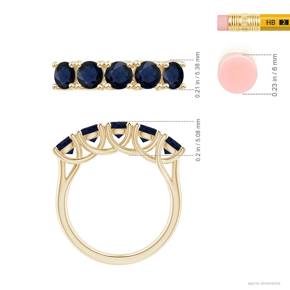 4.5mm A Half Eternity Five Stone Blue Sapphire Wedding Band in Yellow Gold ruler