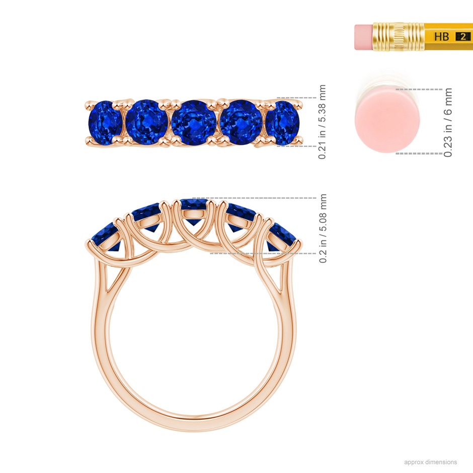 4.5mm AAAA Half Eternity Five Stone Blue Sapphire Wedding Band in Rose Gold ruler
