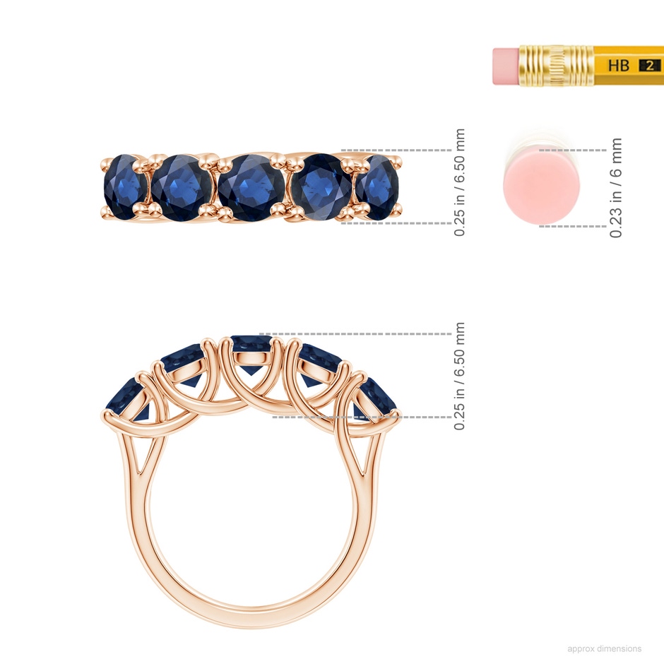 5.5mm AA Half Eternity Five Stone Blue Sapphire Wedding Band in Rose Gold ruler