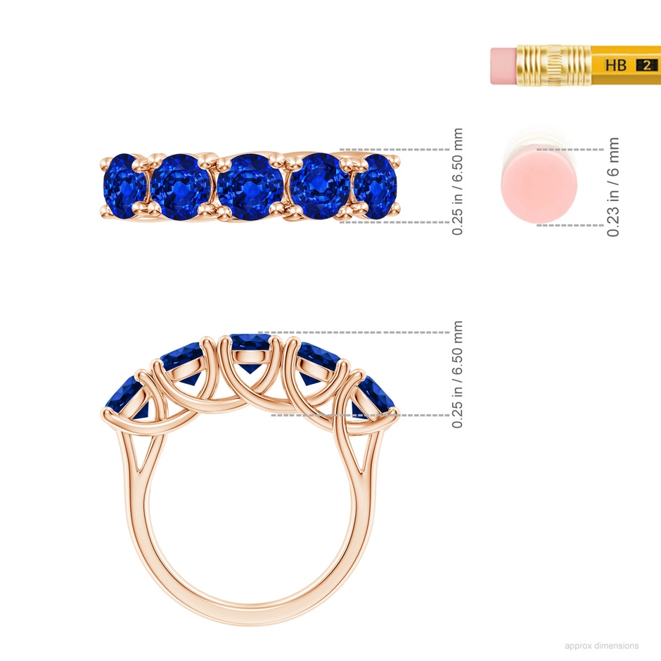 5.5mm AAAA Half Eternity Five Stone Blue Sapphire Wedding Band in Rose Gold ruler