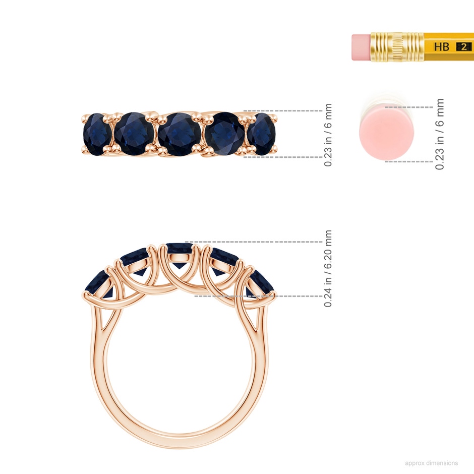 5mm A Half Eternity Five Stone Blue Sapphire Wedding Band in Rose Gold ruler