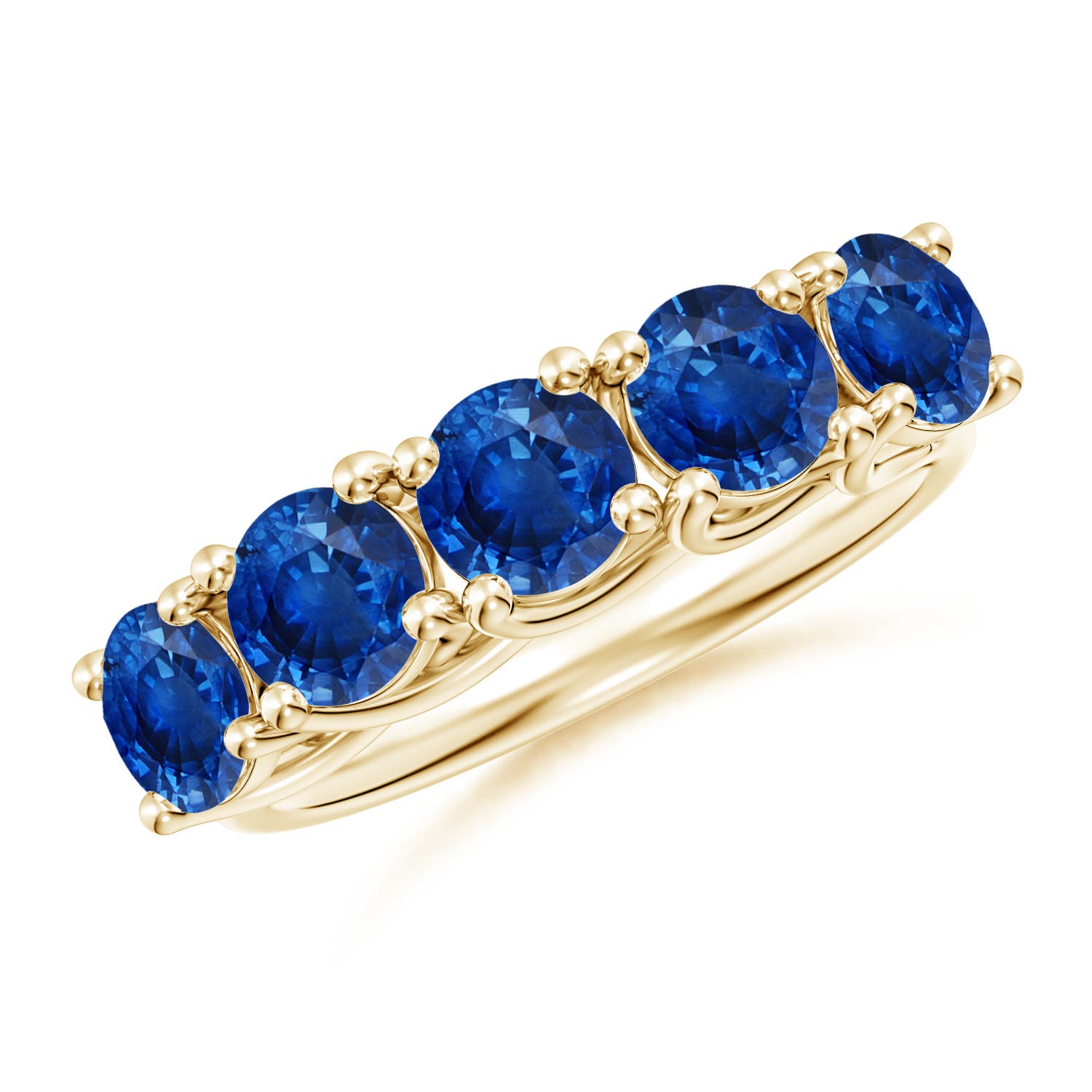 5mm AAA Half Eternity Five Stone Blue Sapphire Wedding Band in Yellow Gold