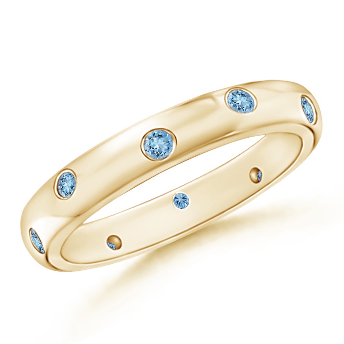 2mm AAAA Gypsy Set Round Aquamarine Eternity Wedding Band in 55 Yellow Gold