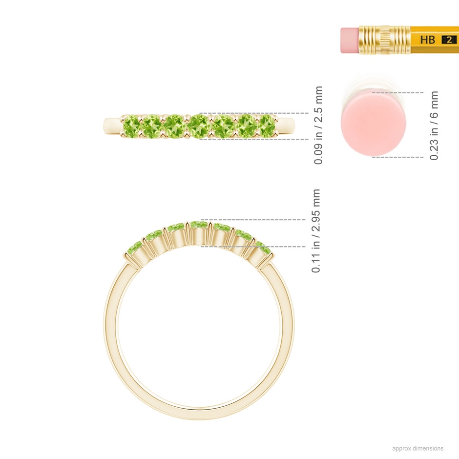 2.5mm AAAA Half Eternity Seven Stone Peridot Wedding Band in Yellow Gold ruler