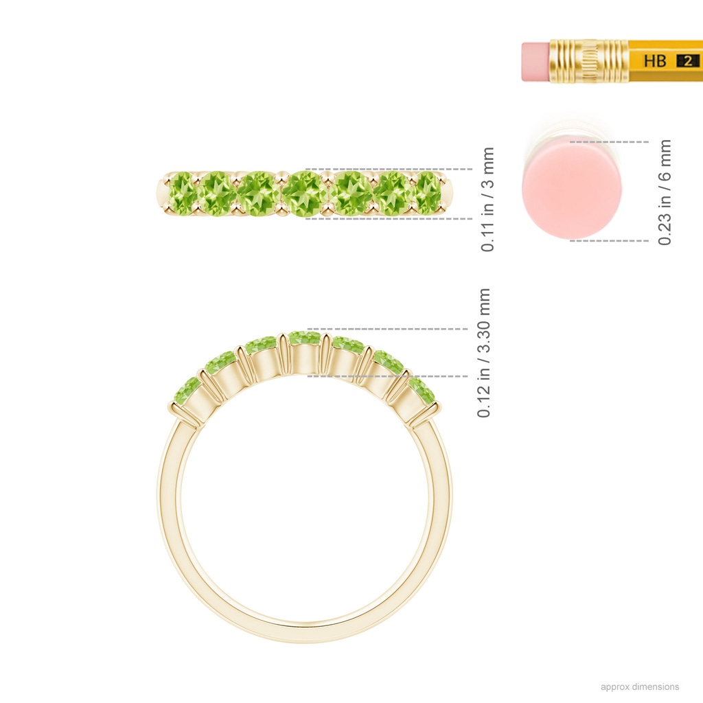 3mm AAAA Half Eternity Seven Stone Peridot Wedding Band in Yellow Gold Ruler