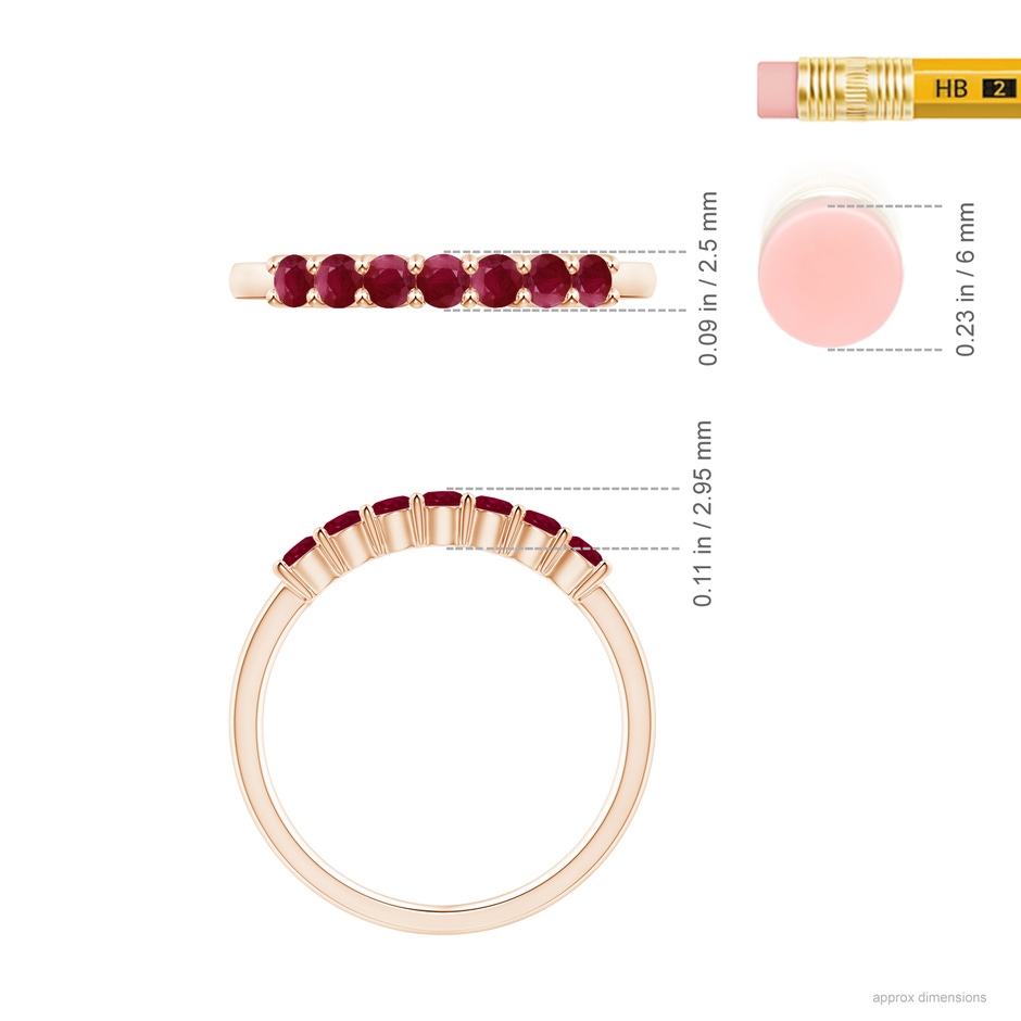 2.5mm A Half Eternity Seven Stone Ruby Wedding Band in Rose Gold ruler