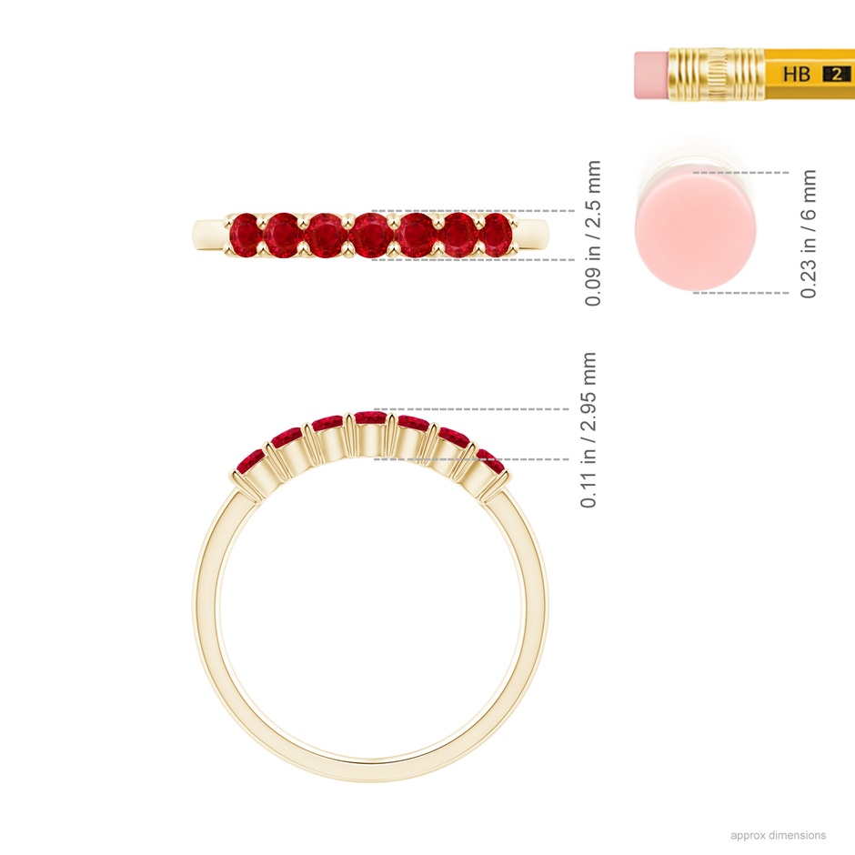 2.5mm AAA Half Eternity Seven Stone Ruby Wedding Band in Yellow Gold ruler