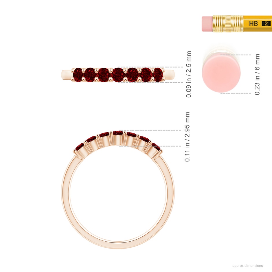 2.5mm AAAA Half Eternity Seven Stone Ruby Wedding Band in Rose Gold ruler